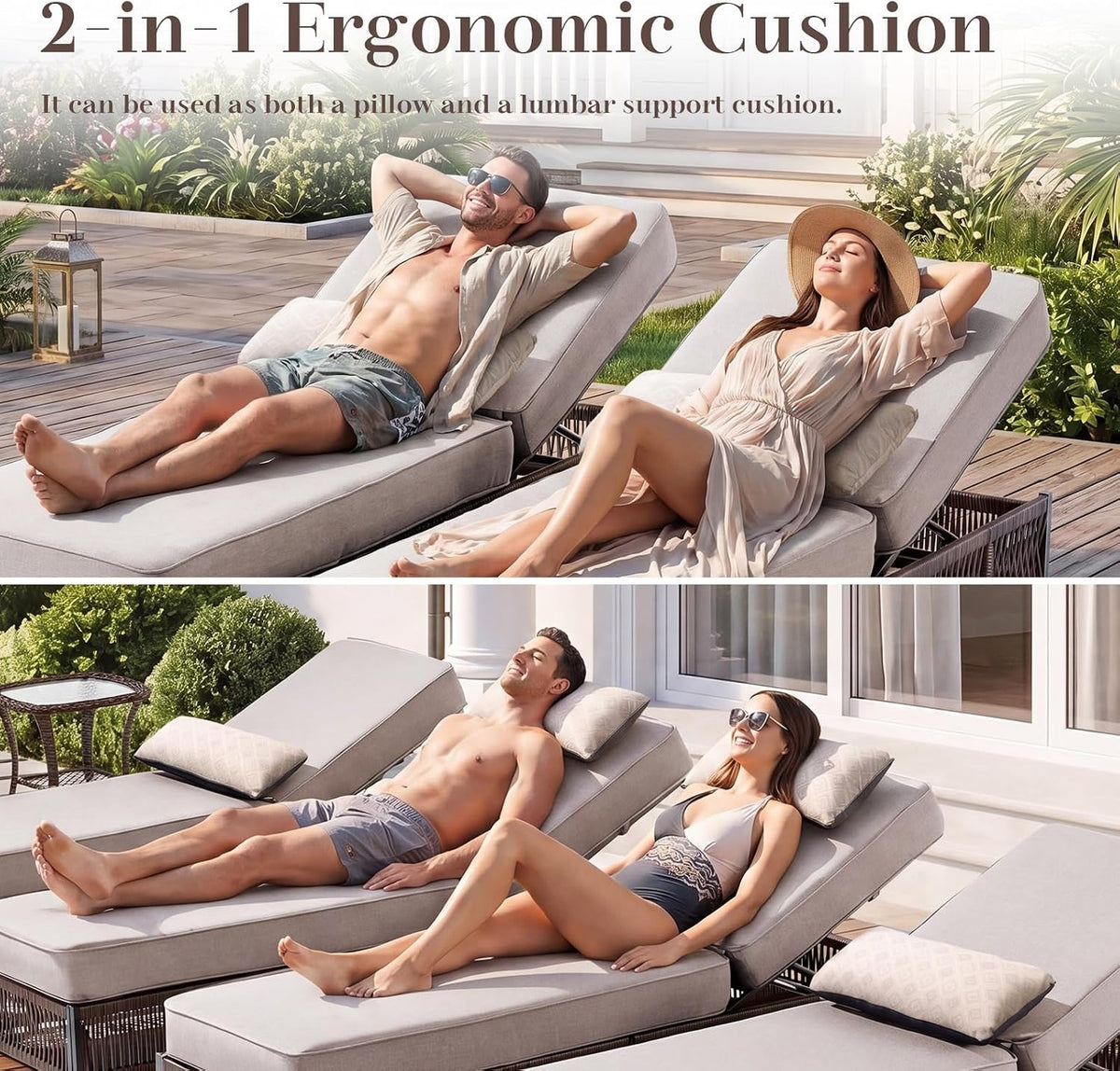 Beige PE Rattan Chaise Lounge Set of 2