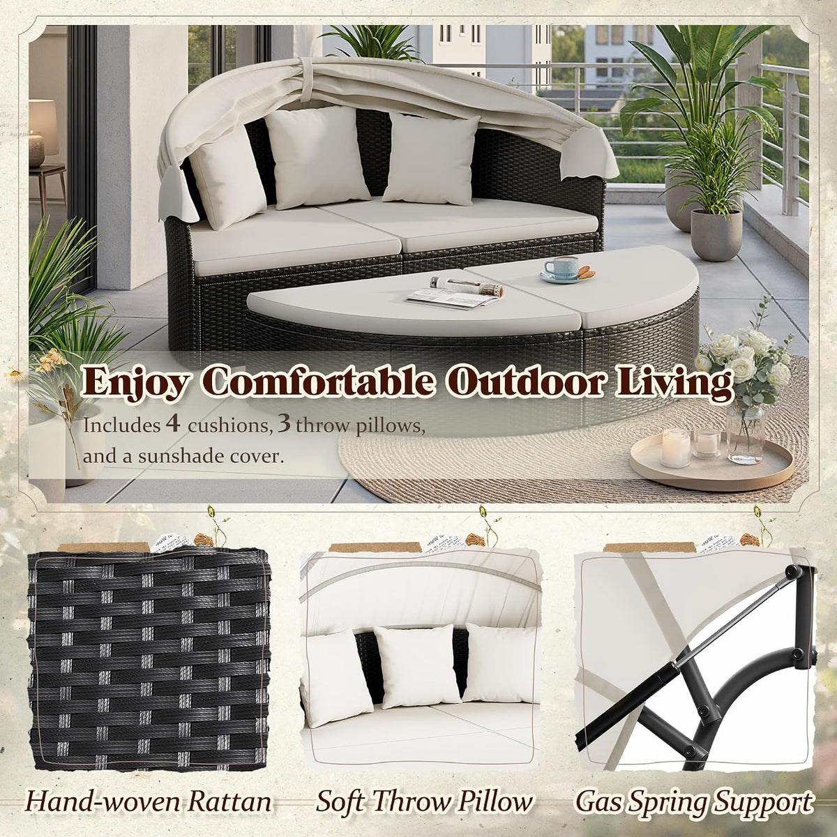 Round Canopy Wicker Patio Daybed
