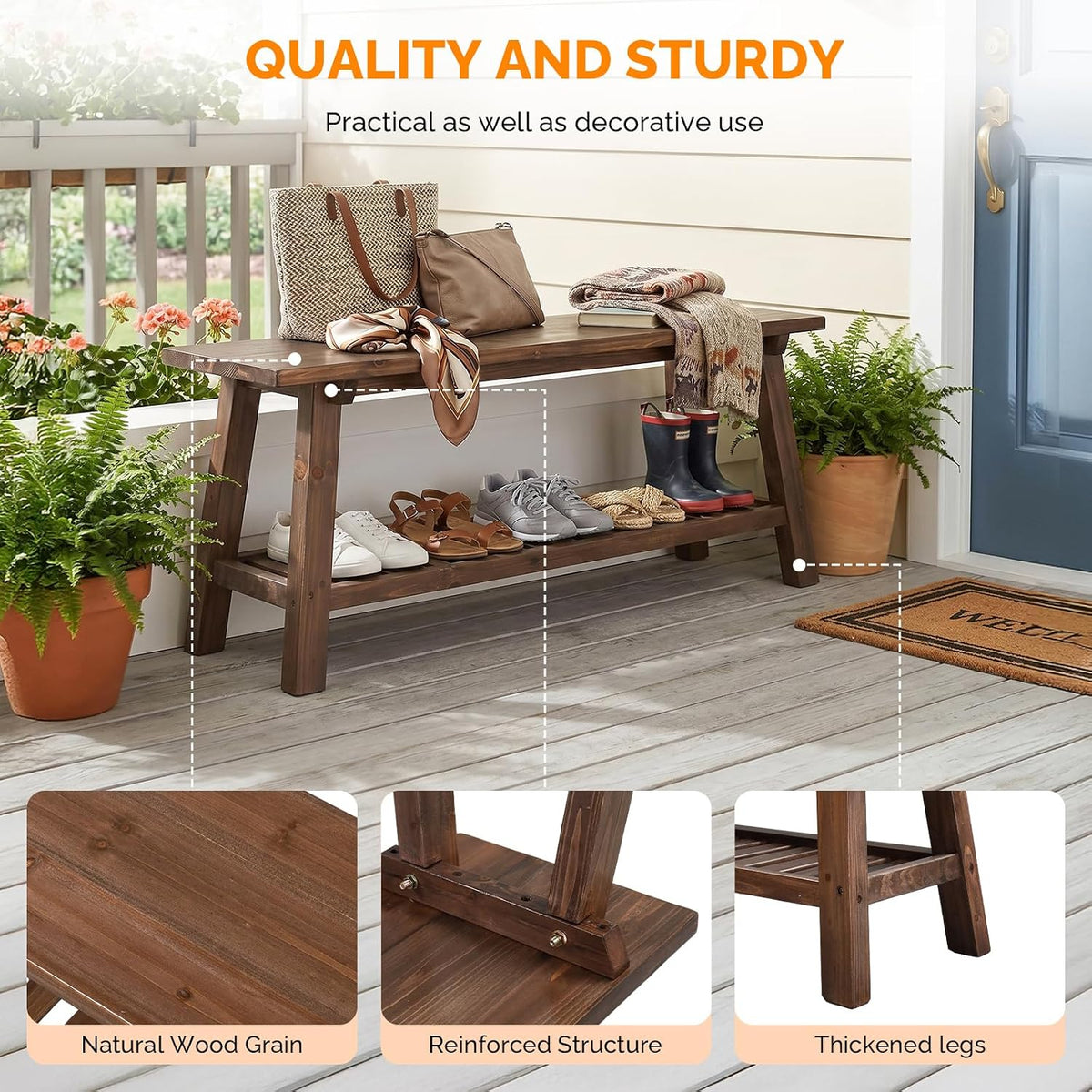 Brown Rustic Wood Storage Shoe Bench Indoor Outdoor