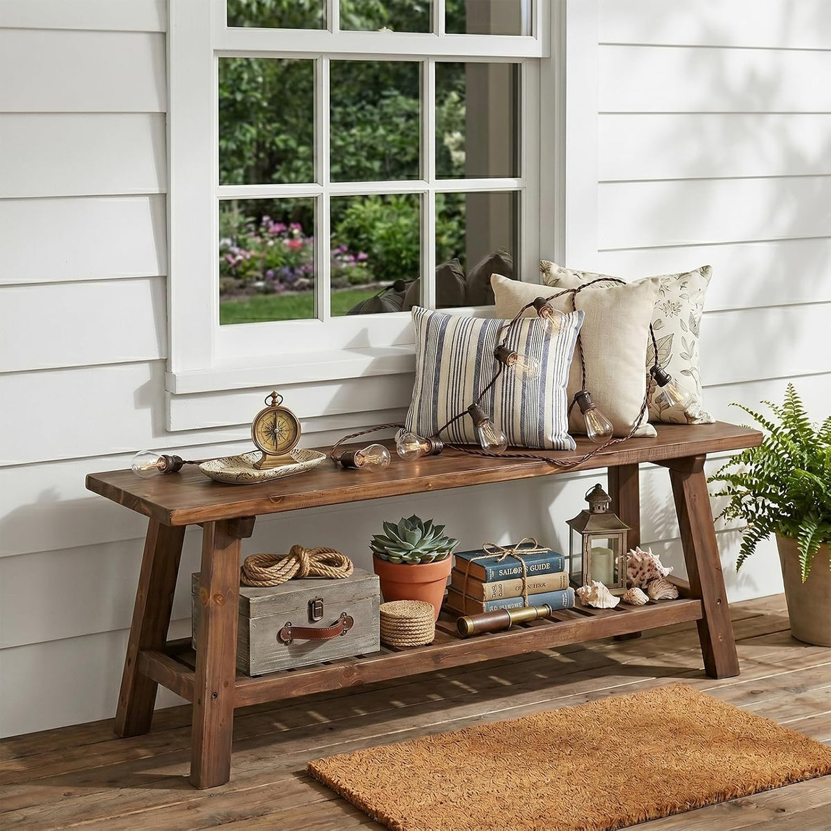 Brown Rustic Wood Storage Shoe Bench Indoor Outdoor