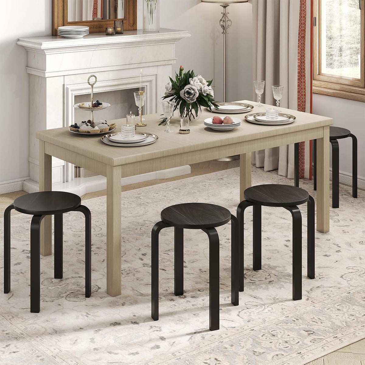 Black Bentwood Round Stackable Stools Set of 4, 18 Inch