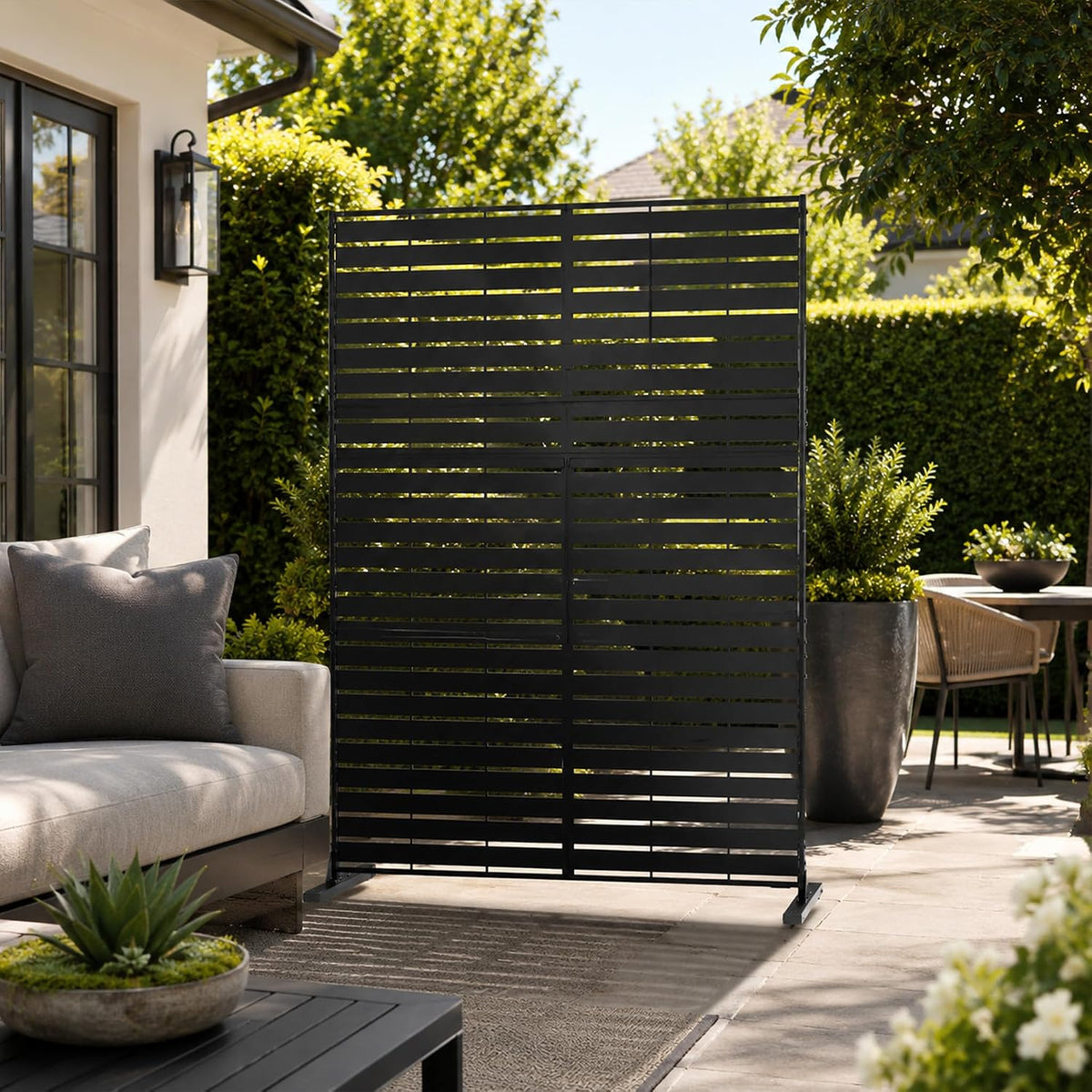 Black Horizontal Slat Freestanding Metal Privacy Screen