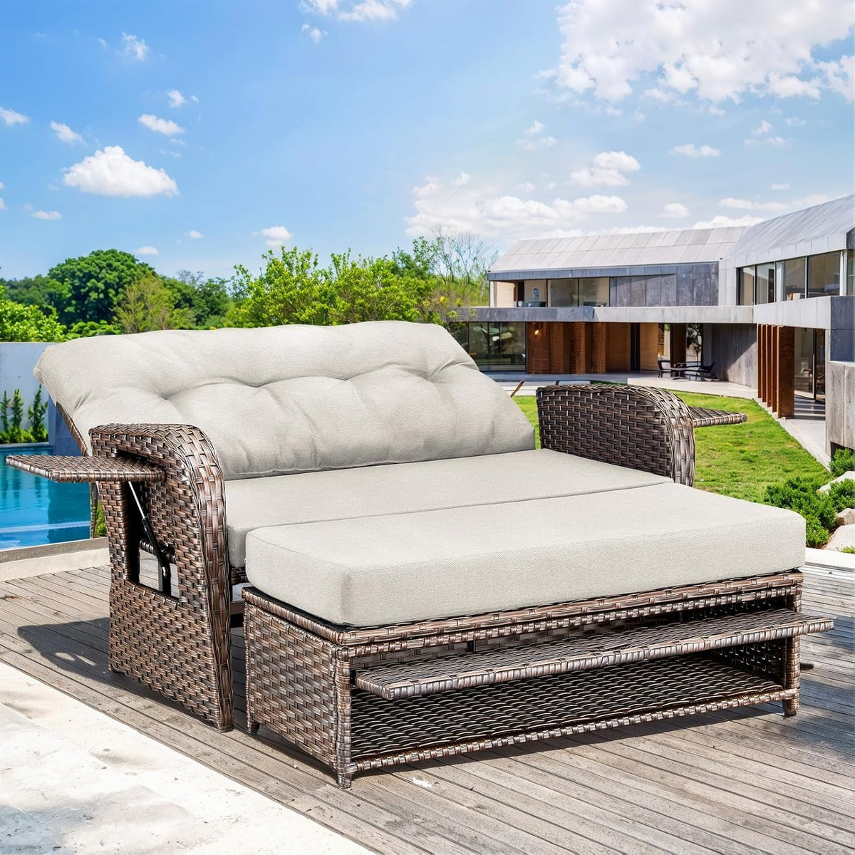 Beige Wicker Double Patio Daybed