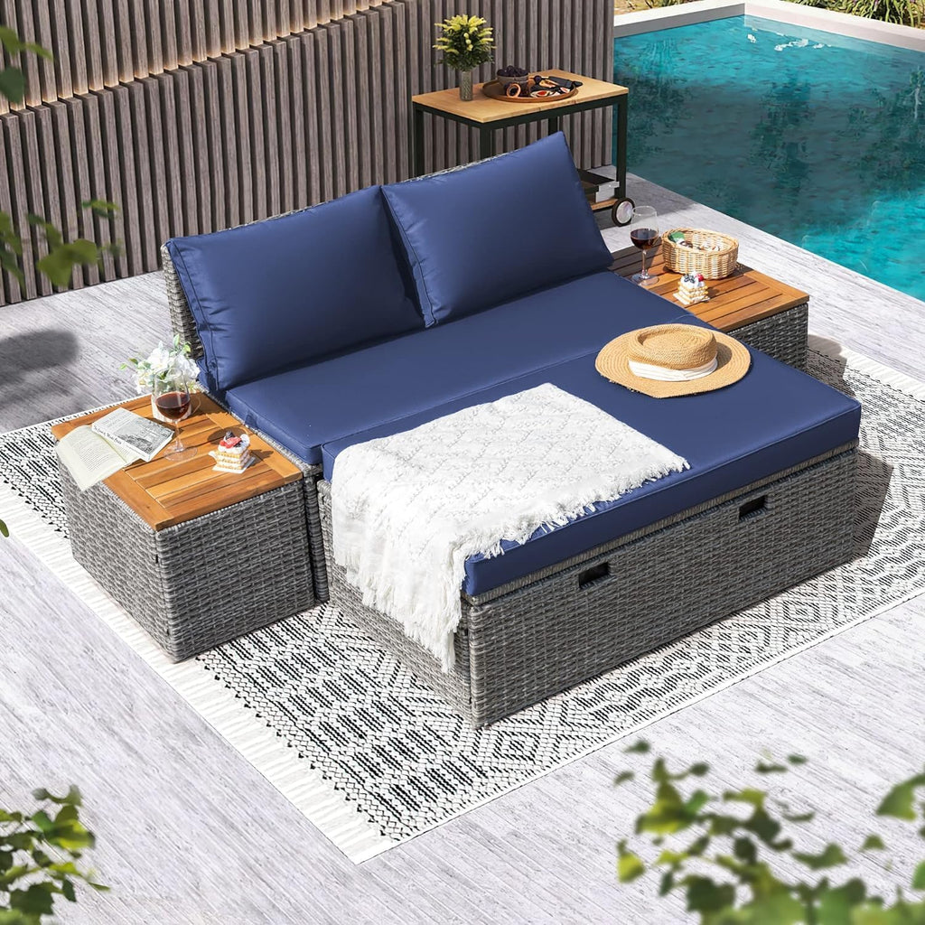 Navy Wicker Patio Daybed with Side Tables
