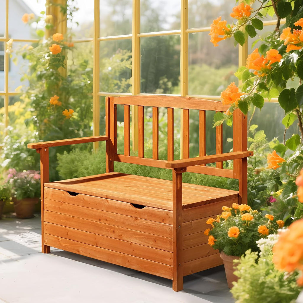 2-Person Wooden Outdoor Storage Loveseat Bench