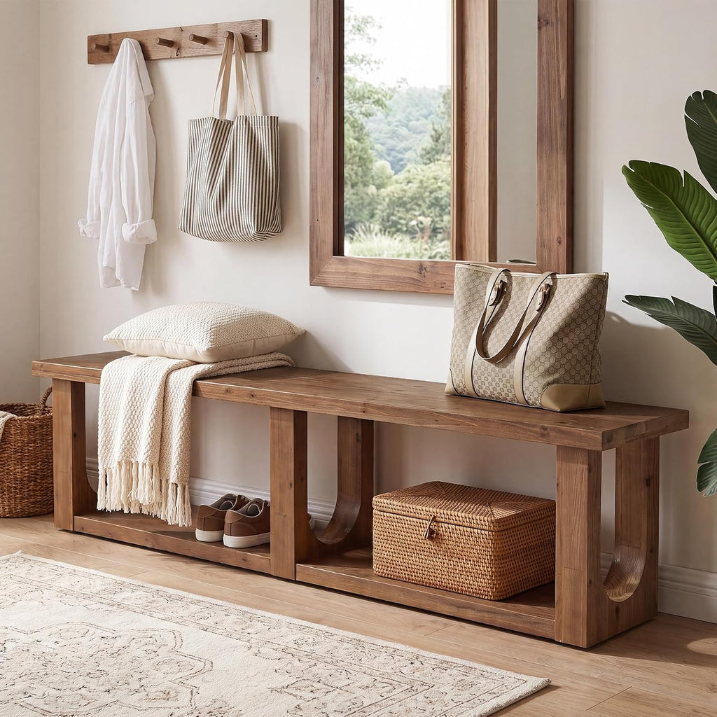 Natural Wood Farmhouse 2-Tier Entryway Shoe Bench
