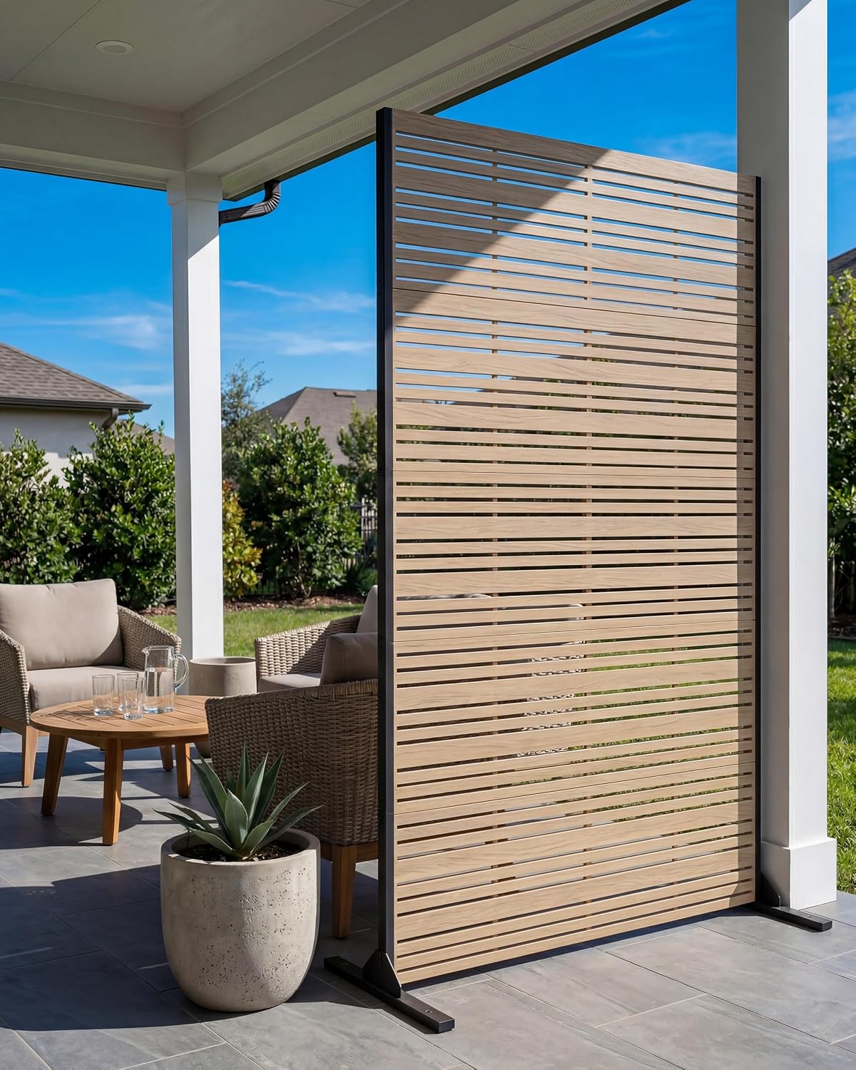 Faux Wood Louvered Freestanding Metal Privacy Screen