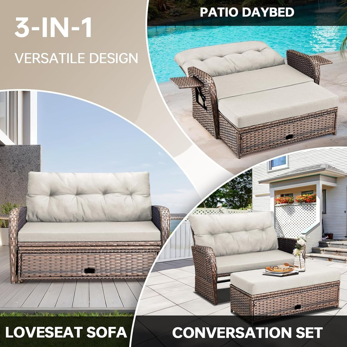 Beige Wicker Double Patio Daybed