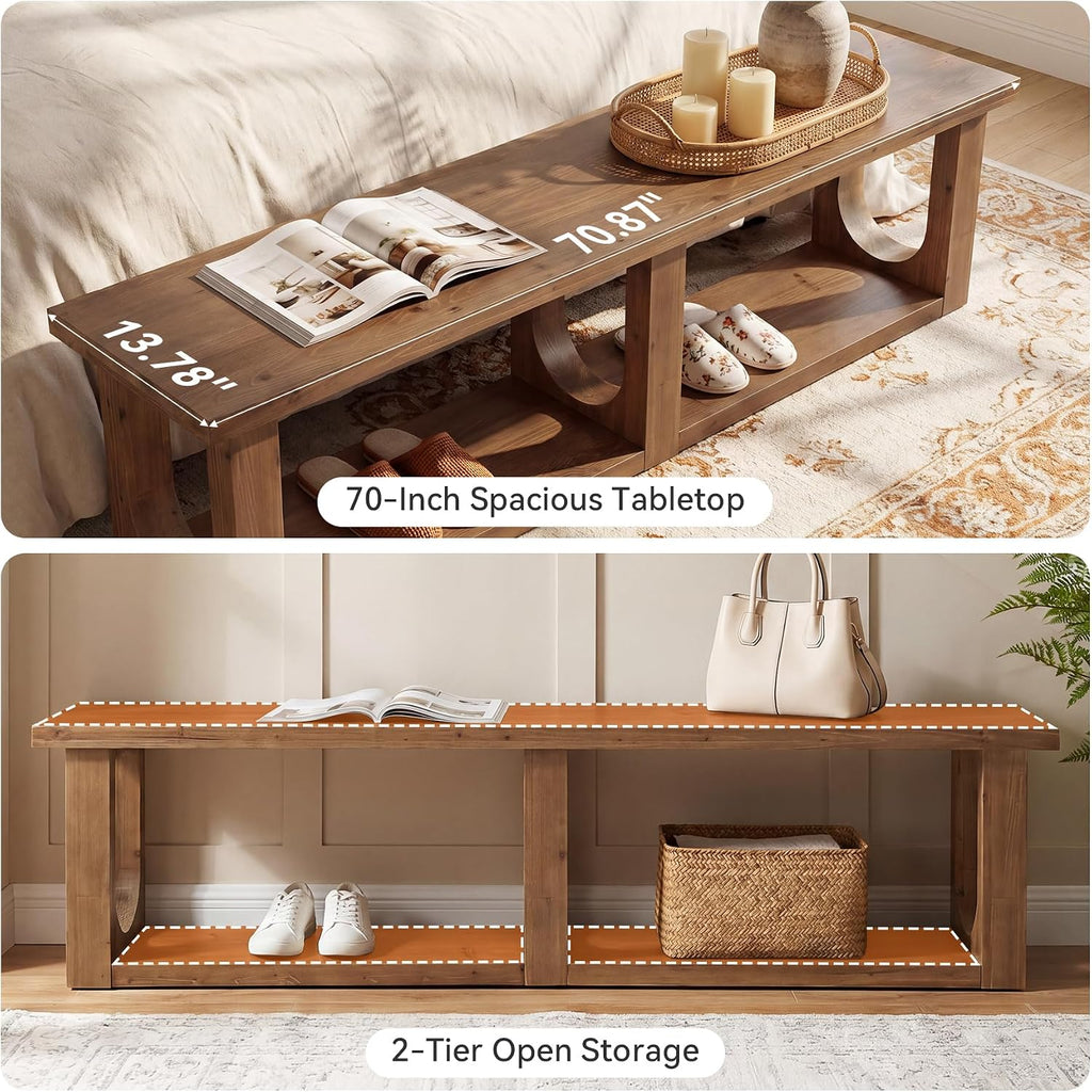 Natural Wood Farmhouse 2-Tier Entryway Shoe Bench