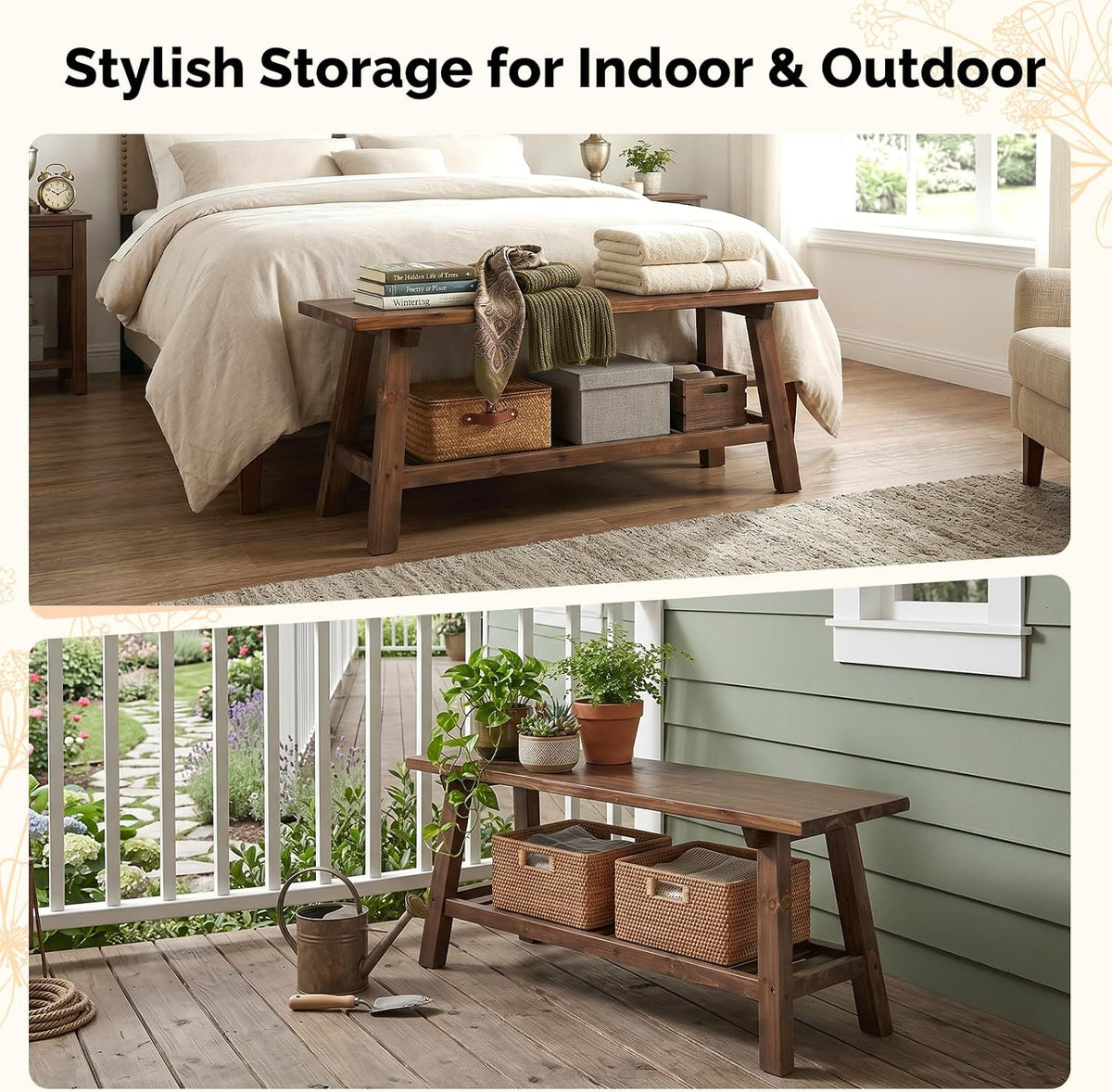 Brown Rustic Wood Storage Shoe Bench Indoor Outdoor