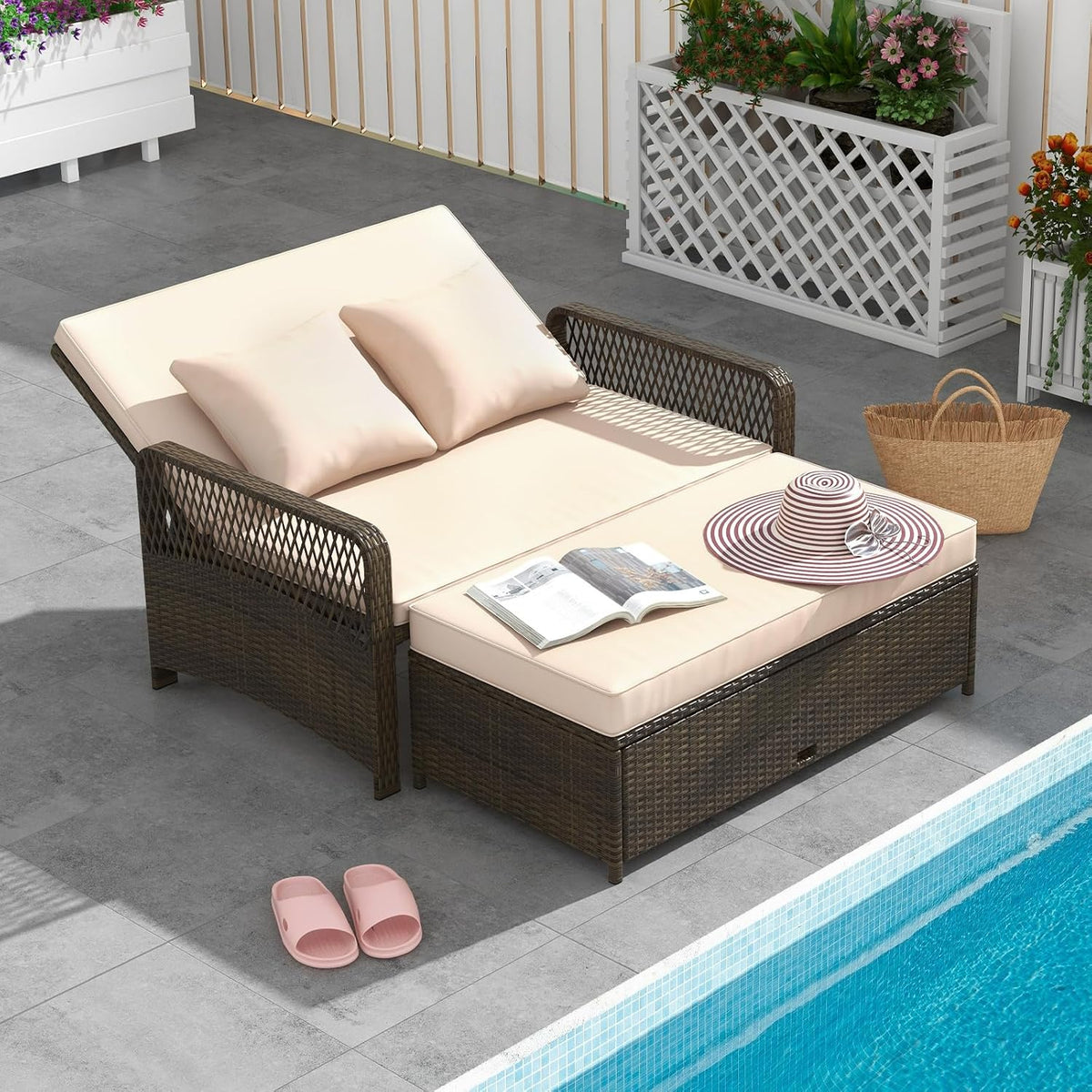 Beige PE Rattan Double Patio Daybed