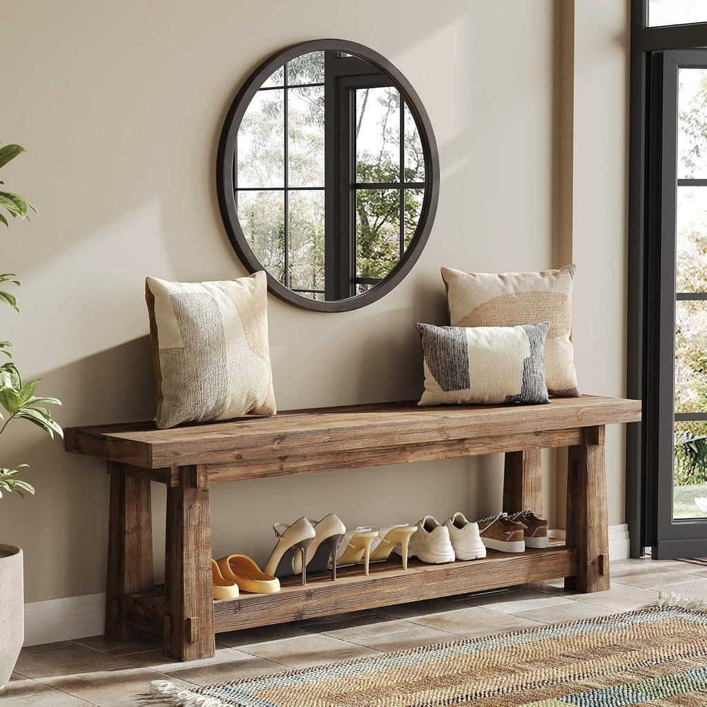 Rustic 2-Tier Wood Entryway Shoe Bench
