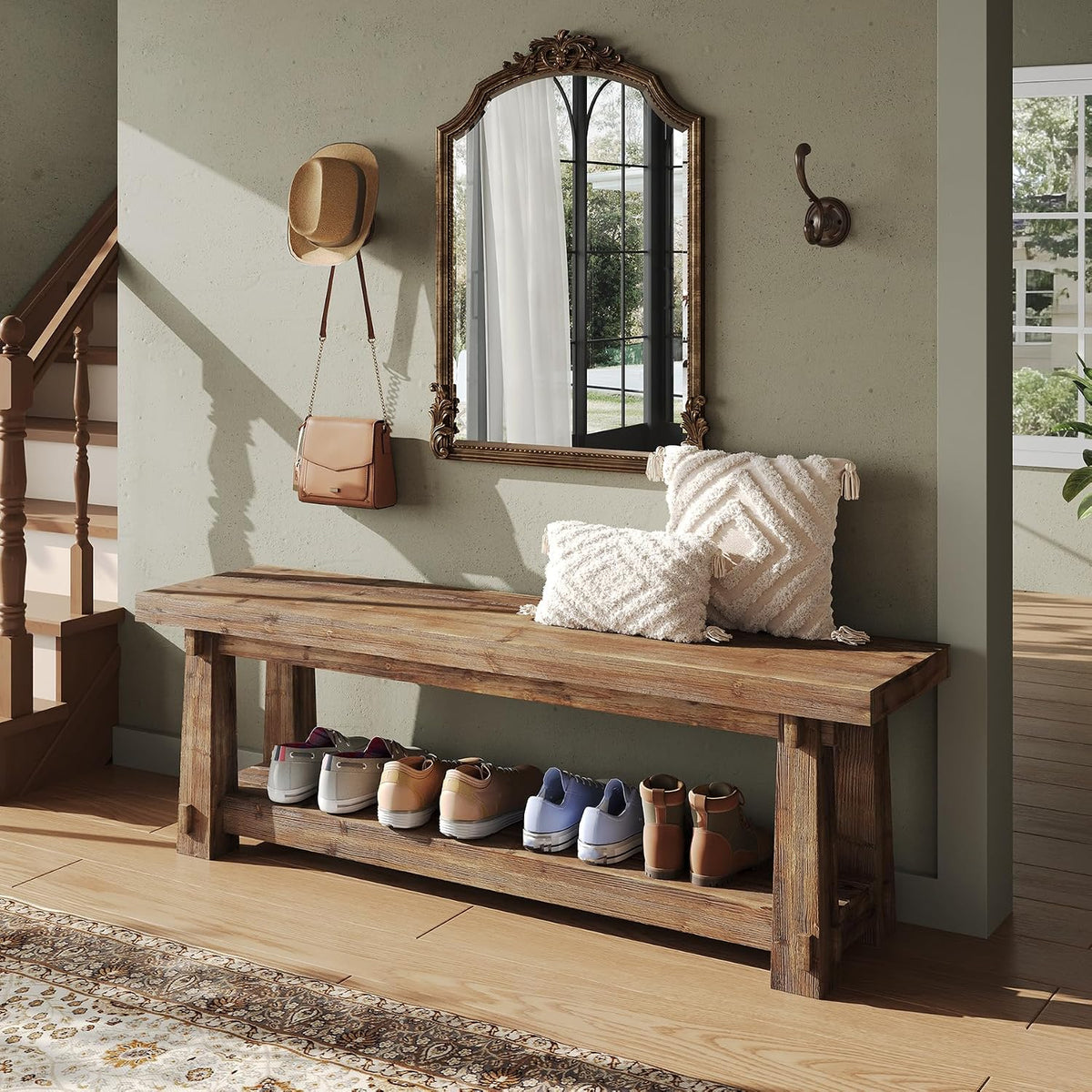 Rustic 2-Tier Wood Entryway Shoe Bench