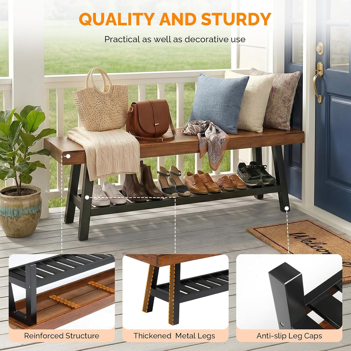 Wood & Iron Storage Shoe Bench Indoor Outdoor