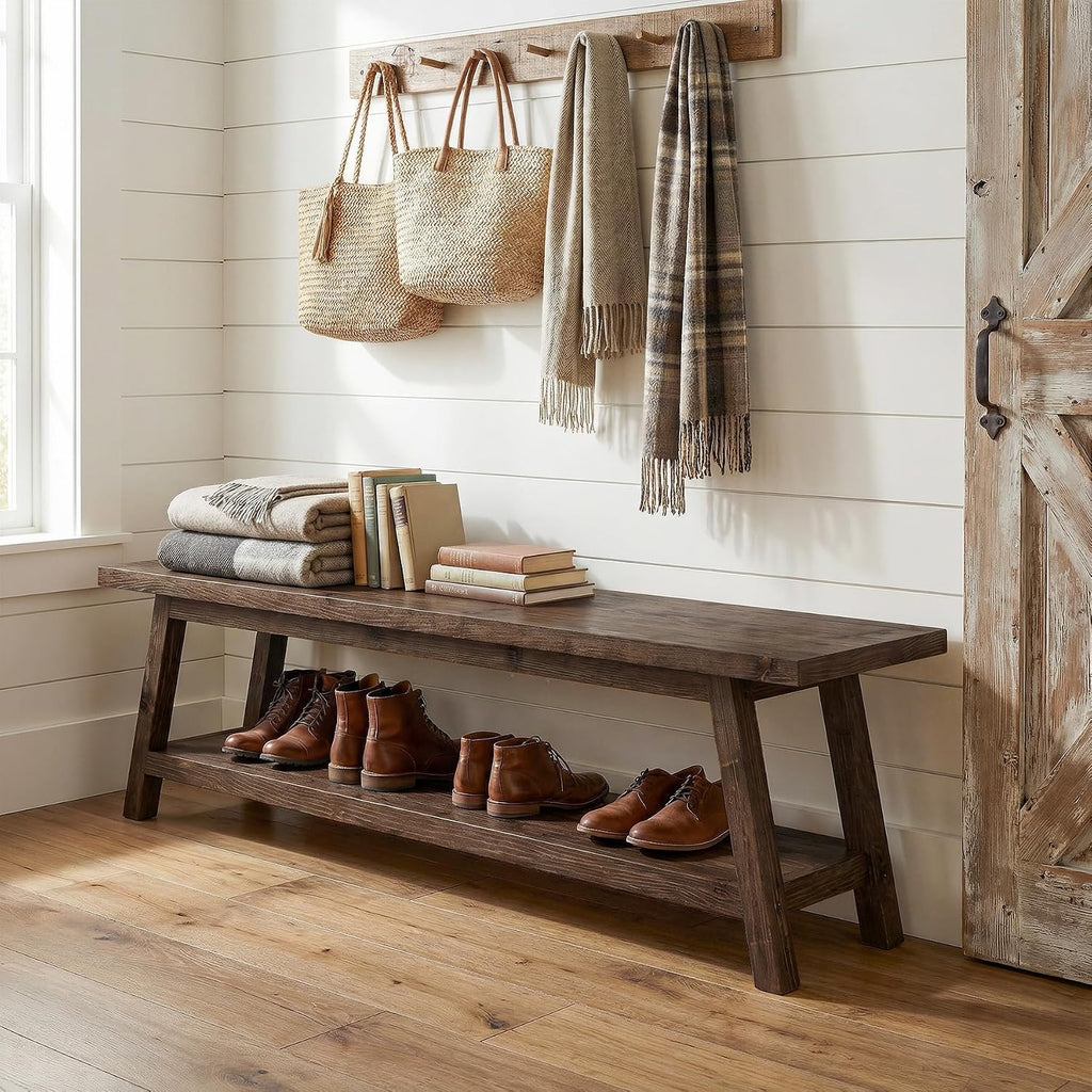 Rustic Wood Shoe Storage Entryway Bench