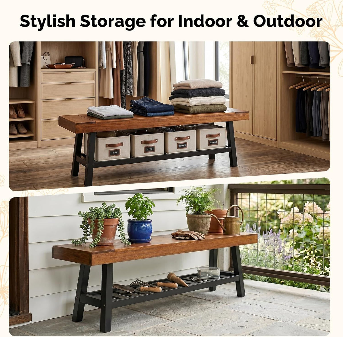 Wood & Iron Storage Shoe Bench Indoor Outdoor