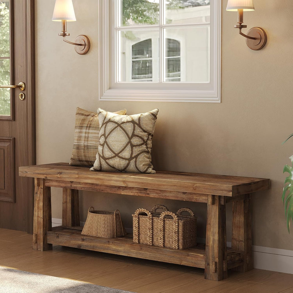 Rustic 2-Tier Wood Entryway Shoe Bench