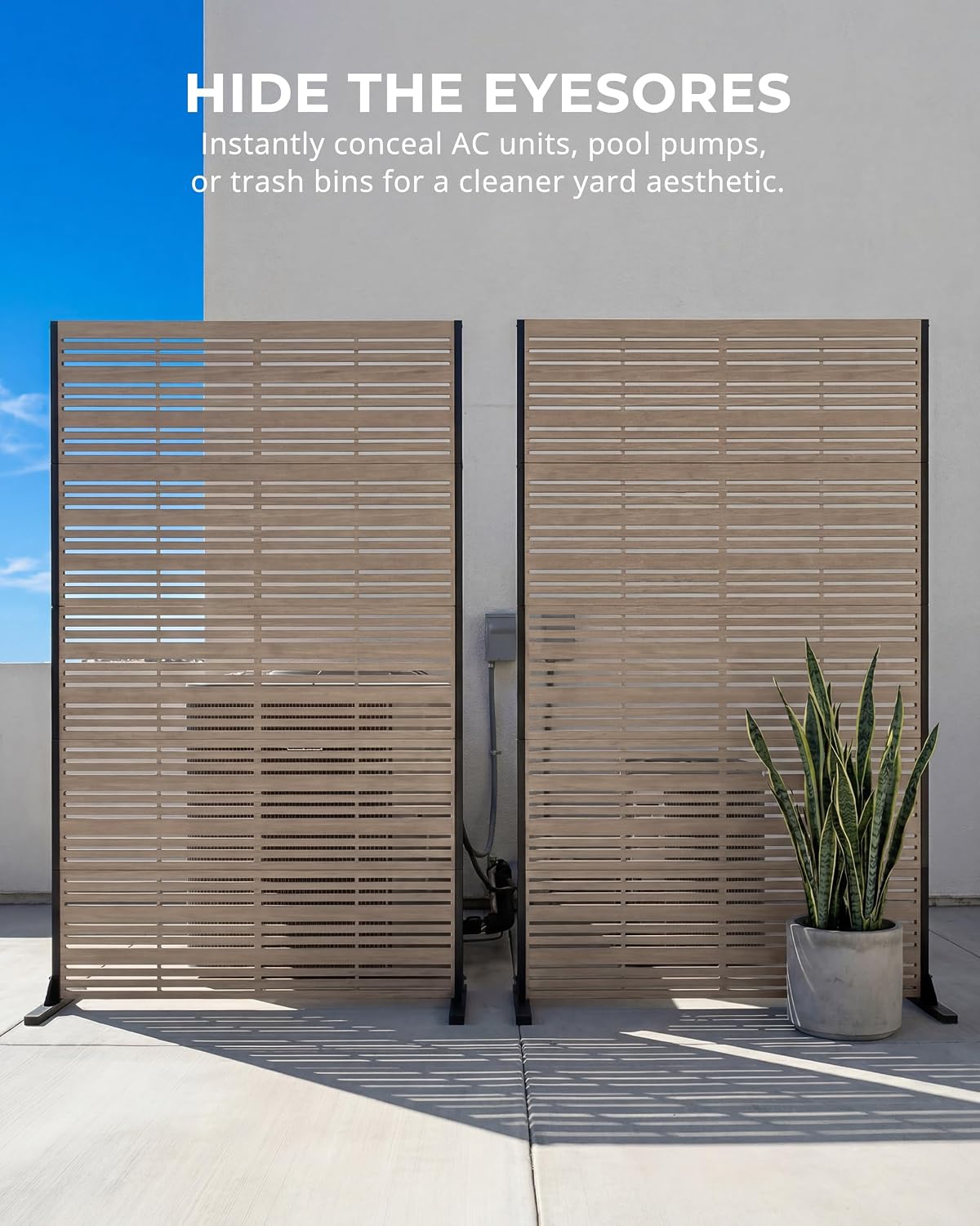 Faux Wood Louvered Freestanding Metal Privacy Screen