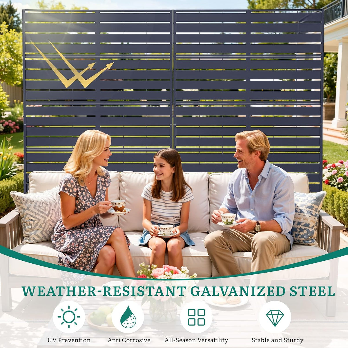 5-Panel Slatted Steel Freestanding Outdoor Privacy Screen