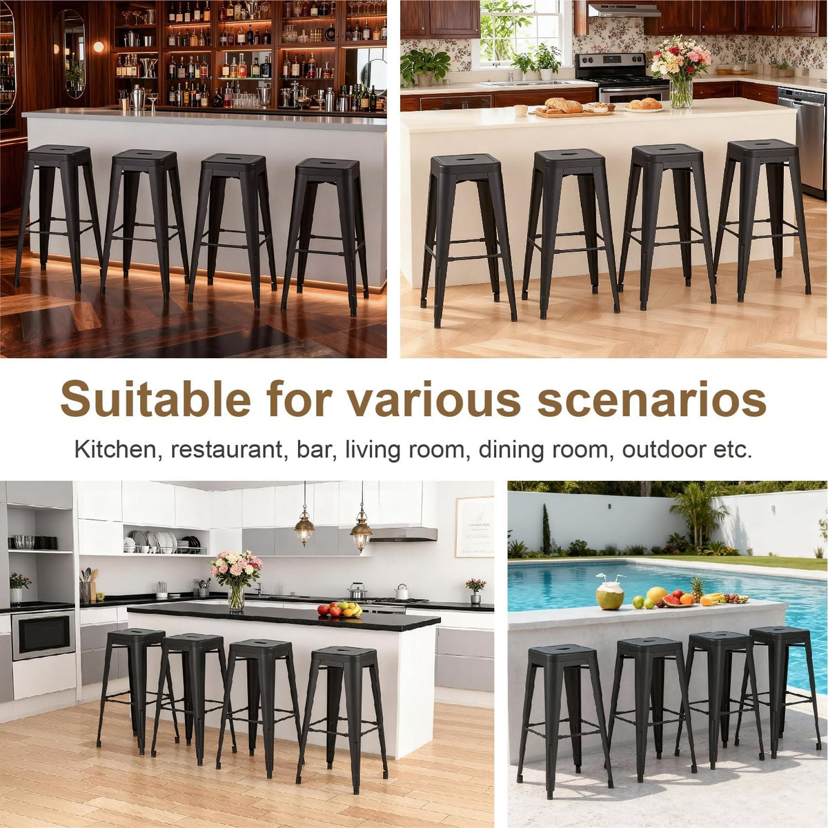 Black Full Metal Backless Bar Stools Set of 4, 30 Inch