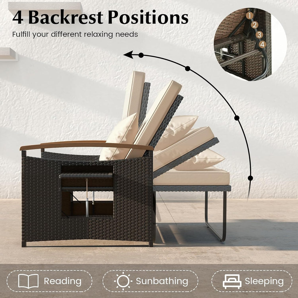 Beige Wicker Patio Daybed with Ottoman