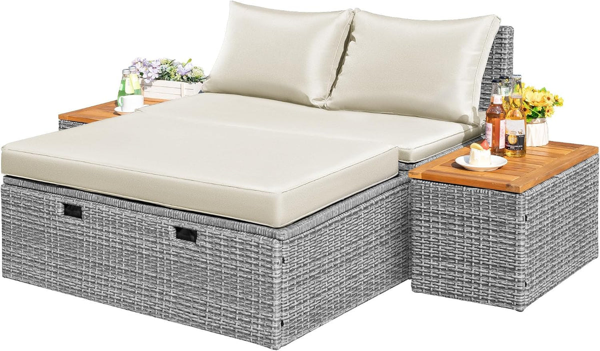 Beige Wicker Patio Daybed with Ottoman