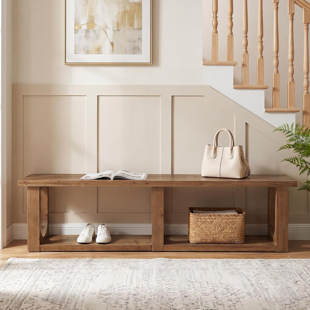 Natural Wood Farmhouse 2-Tier Entryway Shoe Bench