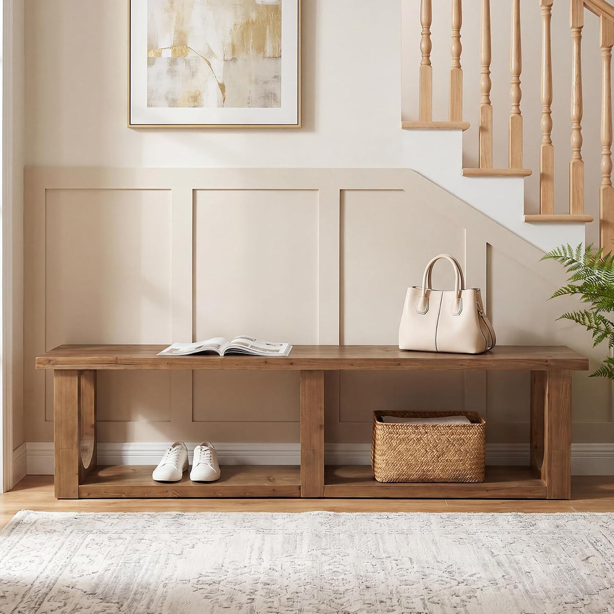 Natural Wood Farmhouse 2-Tier Entryway Shoe Bench