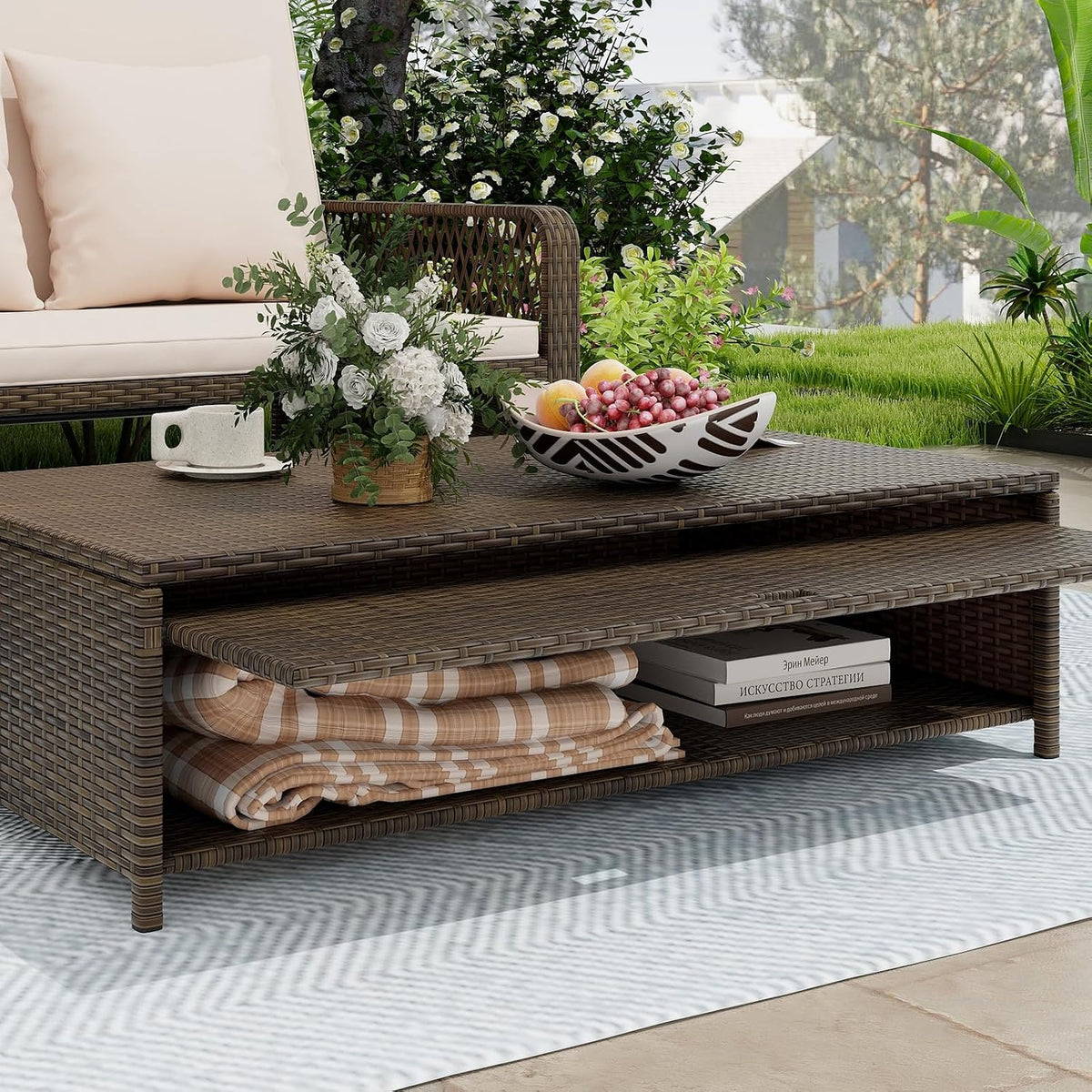 Beige PE Rattan Double Patio Daybed