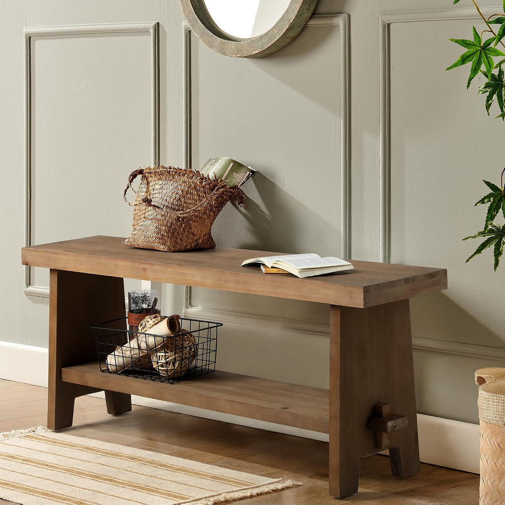 Brown Farmhouse Wooden Storage Entryway Bench