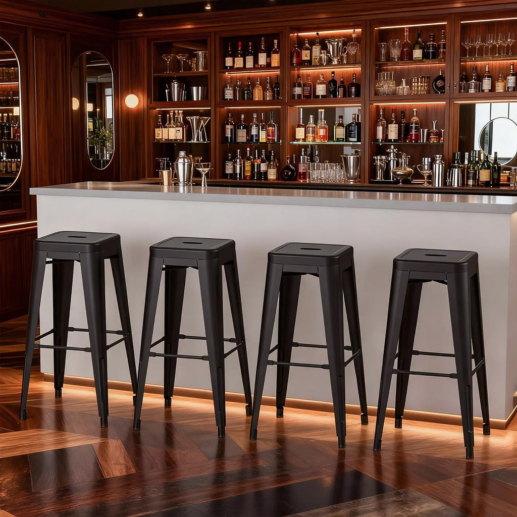 Black Full Metal Backless Bar Stools Set of 4, 30 Inch