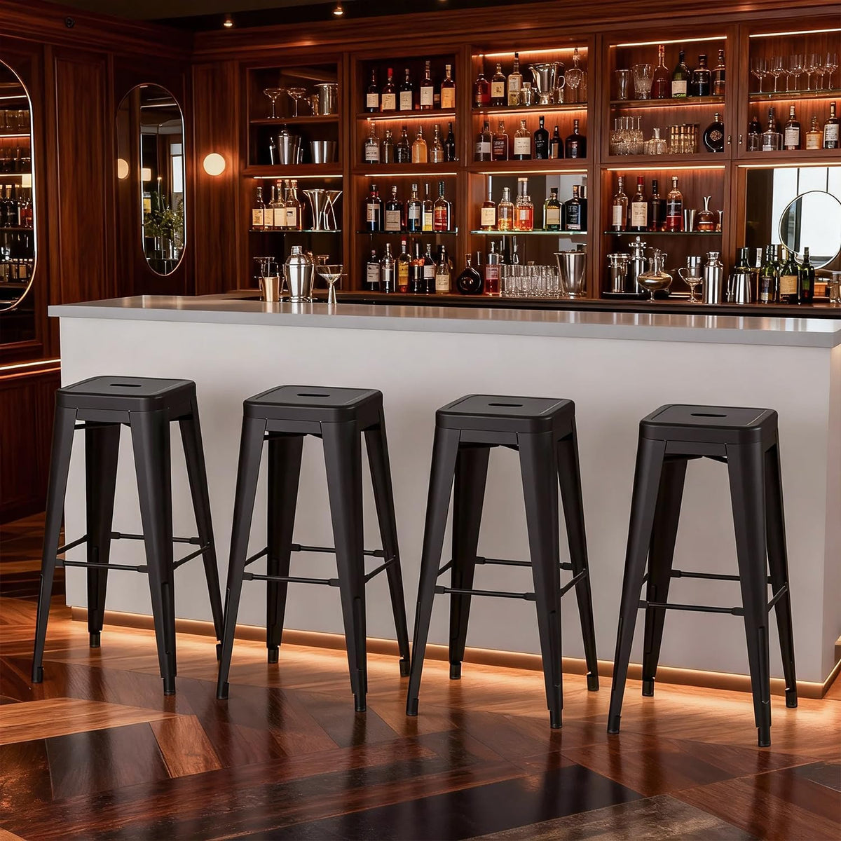Black Full Metal Backless Bar Stools Set of 4, 30 Inch