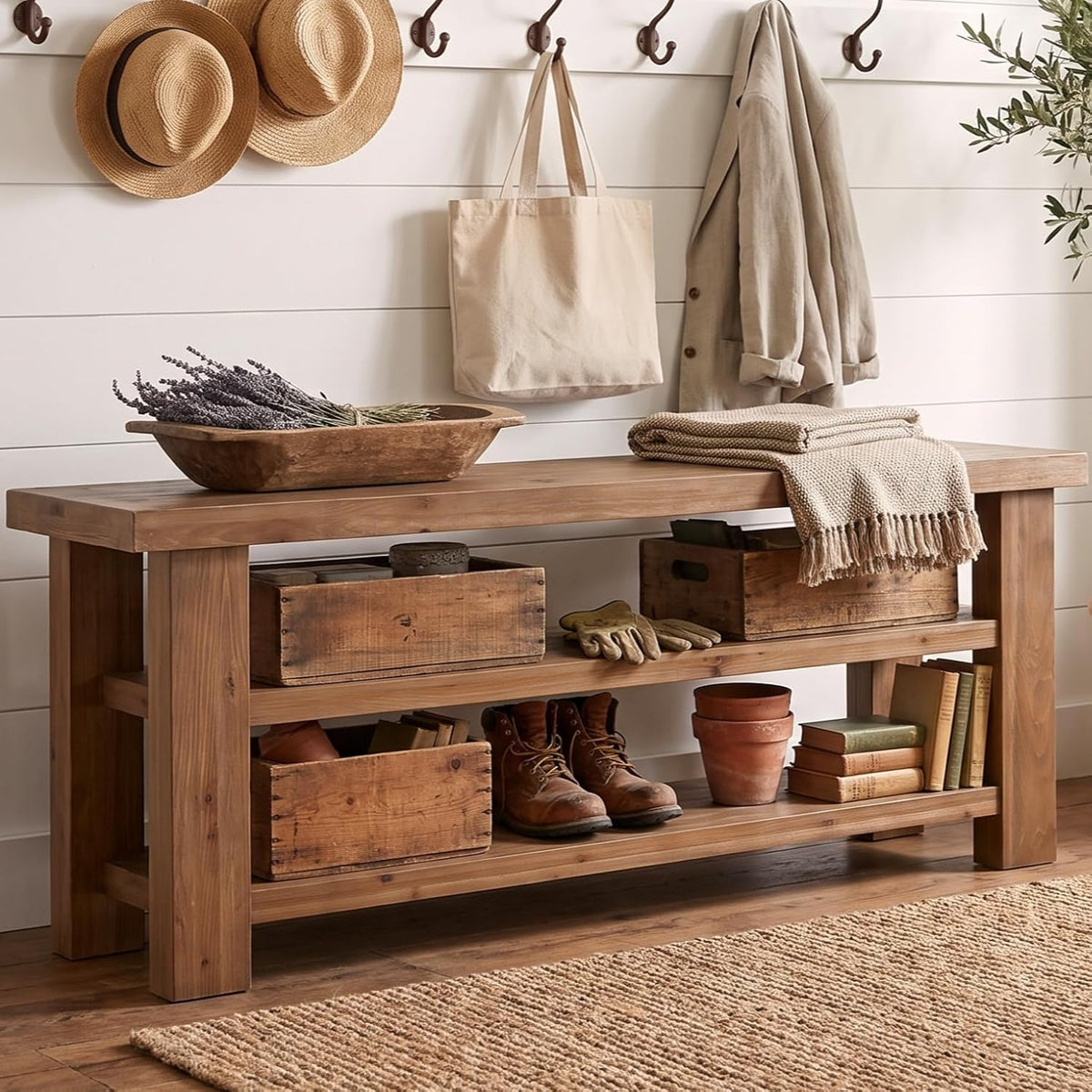 Natural Farmhouse 2-Tier Wood Shoe Storage Bench