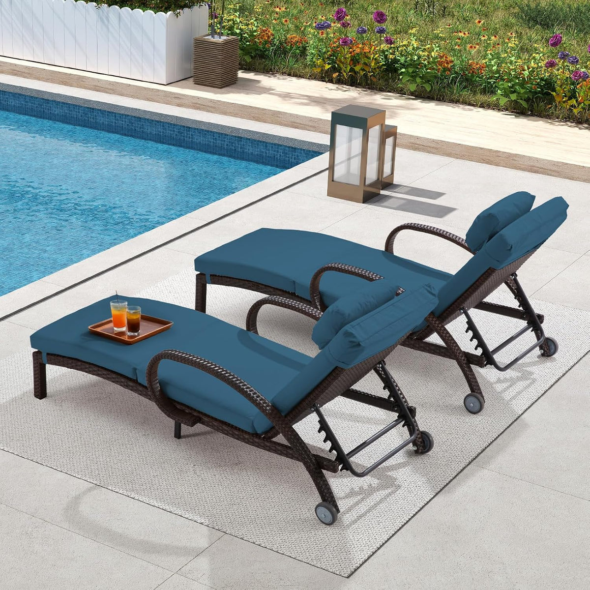 Blue Wicker Outdoor Chaise Lounge 2 Pack
