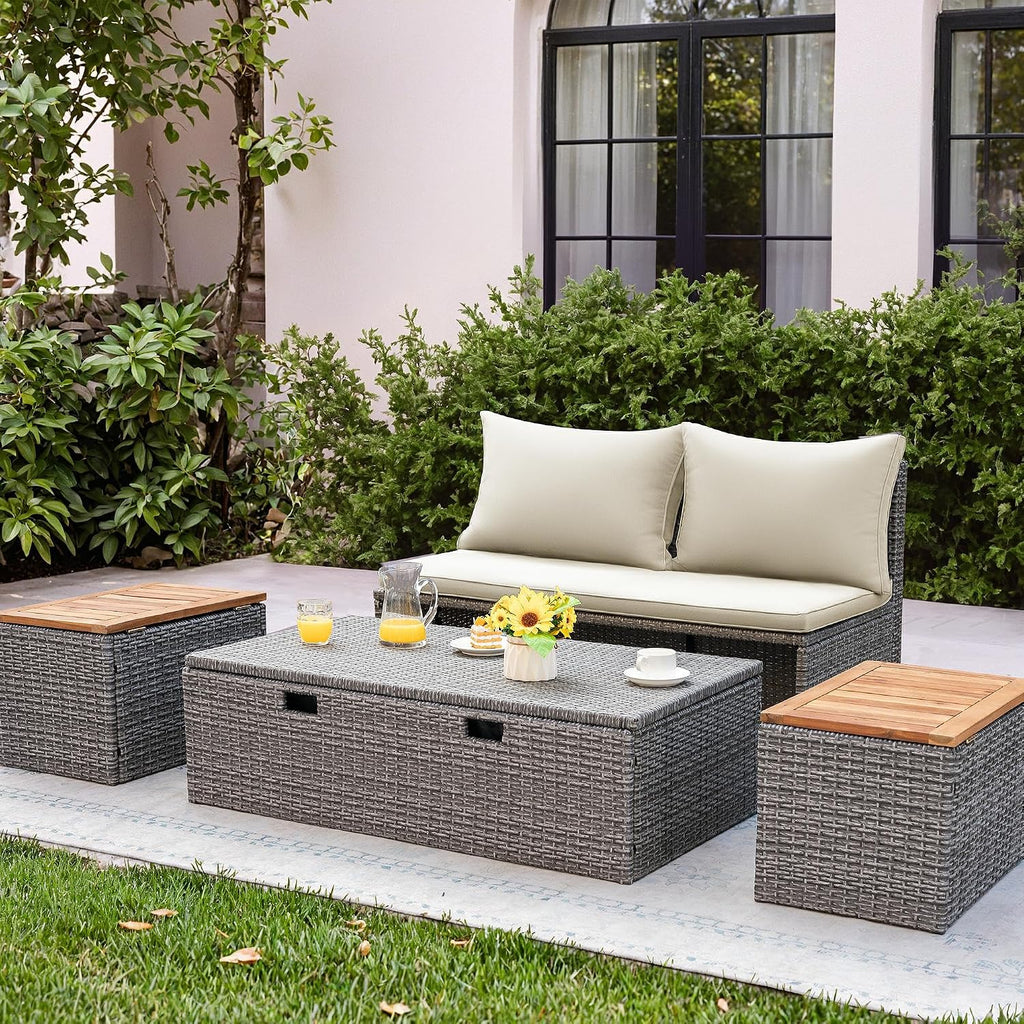 Beige Wicker Patio Daybed with Ottoman