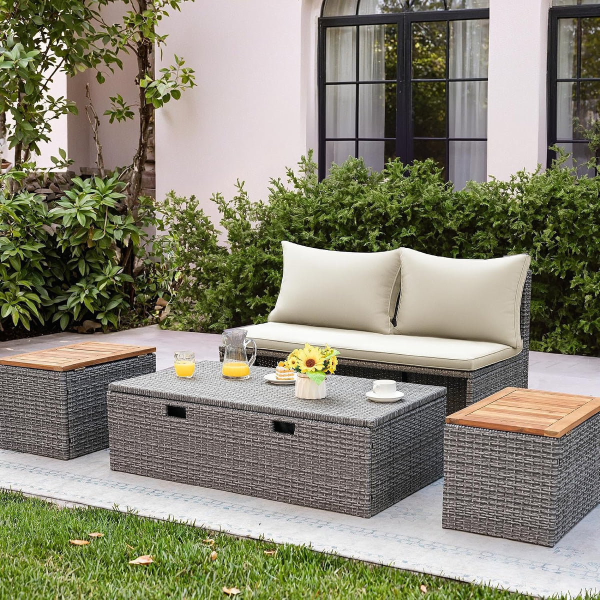 Beige Wicker Patio Daybed with Ottoman