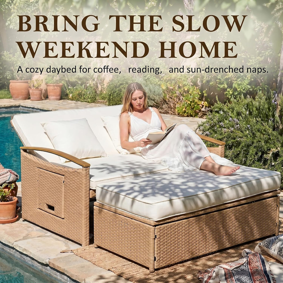 Boho Beige Rattan Patio Daybed
