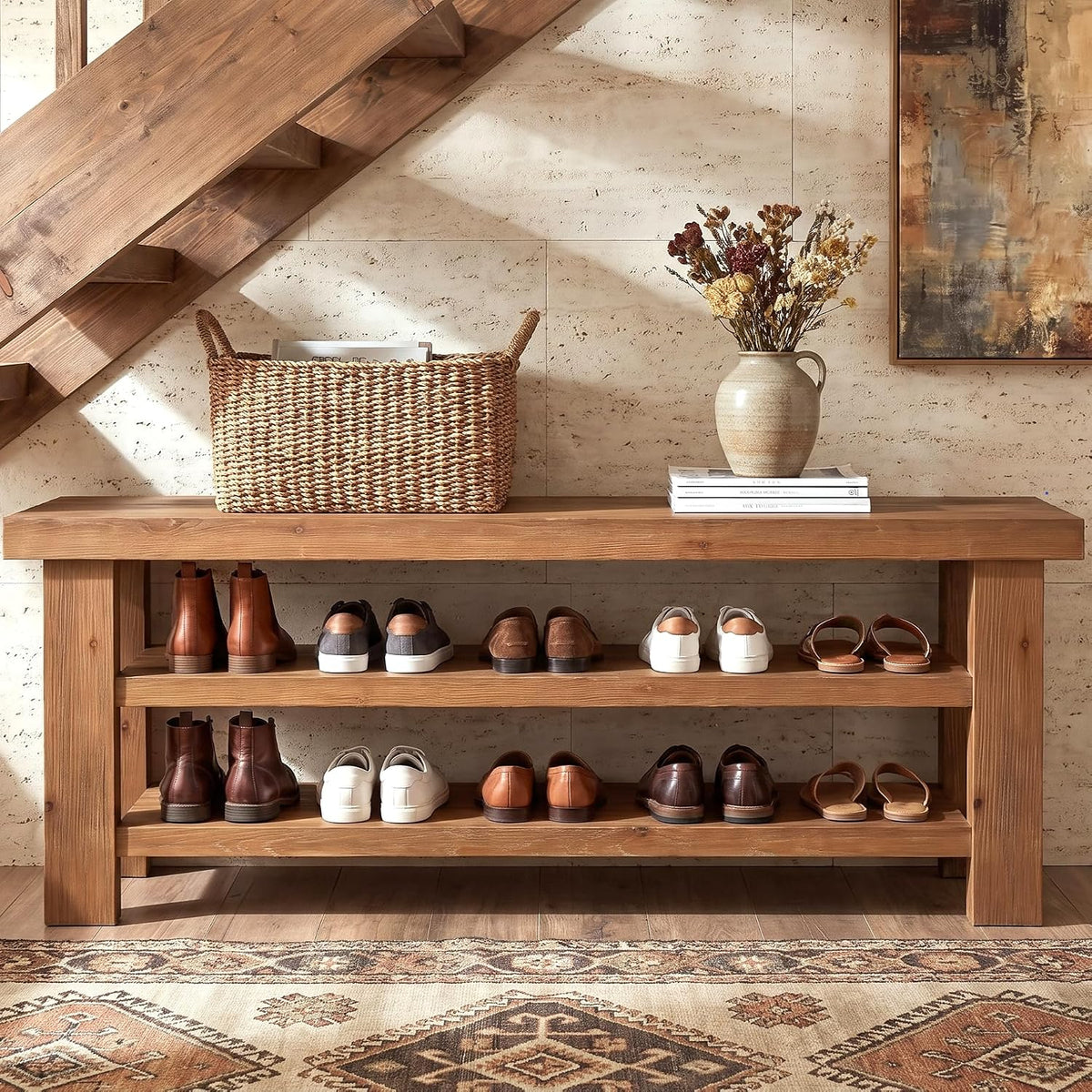 Natural Farmhouse 2-Tier Wood Shoe Storage Bench