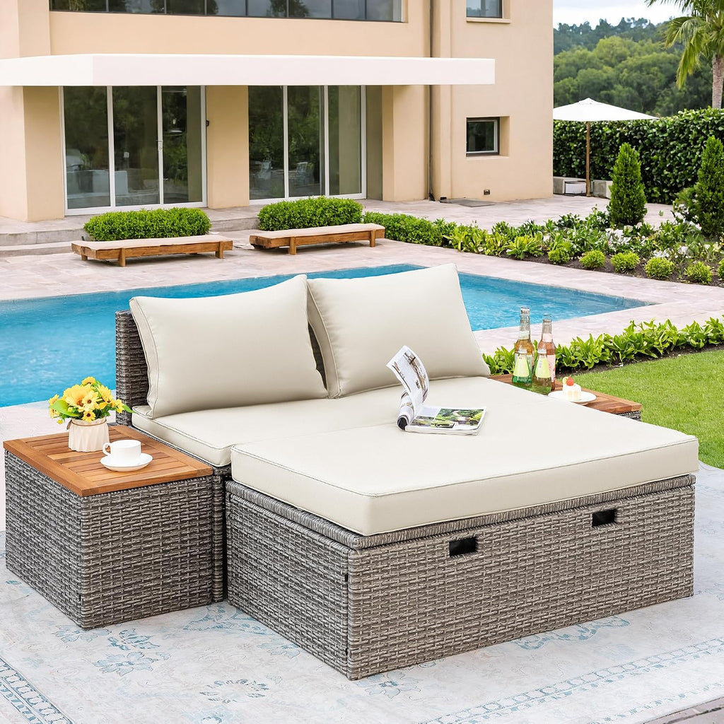 Beige Wicker Patio Daybed with Ottoman