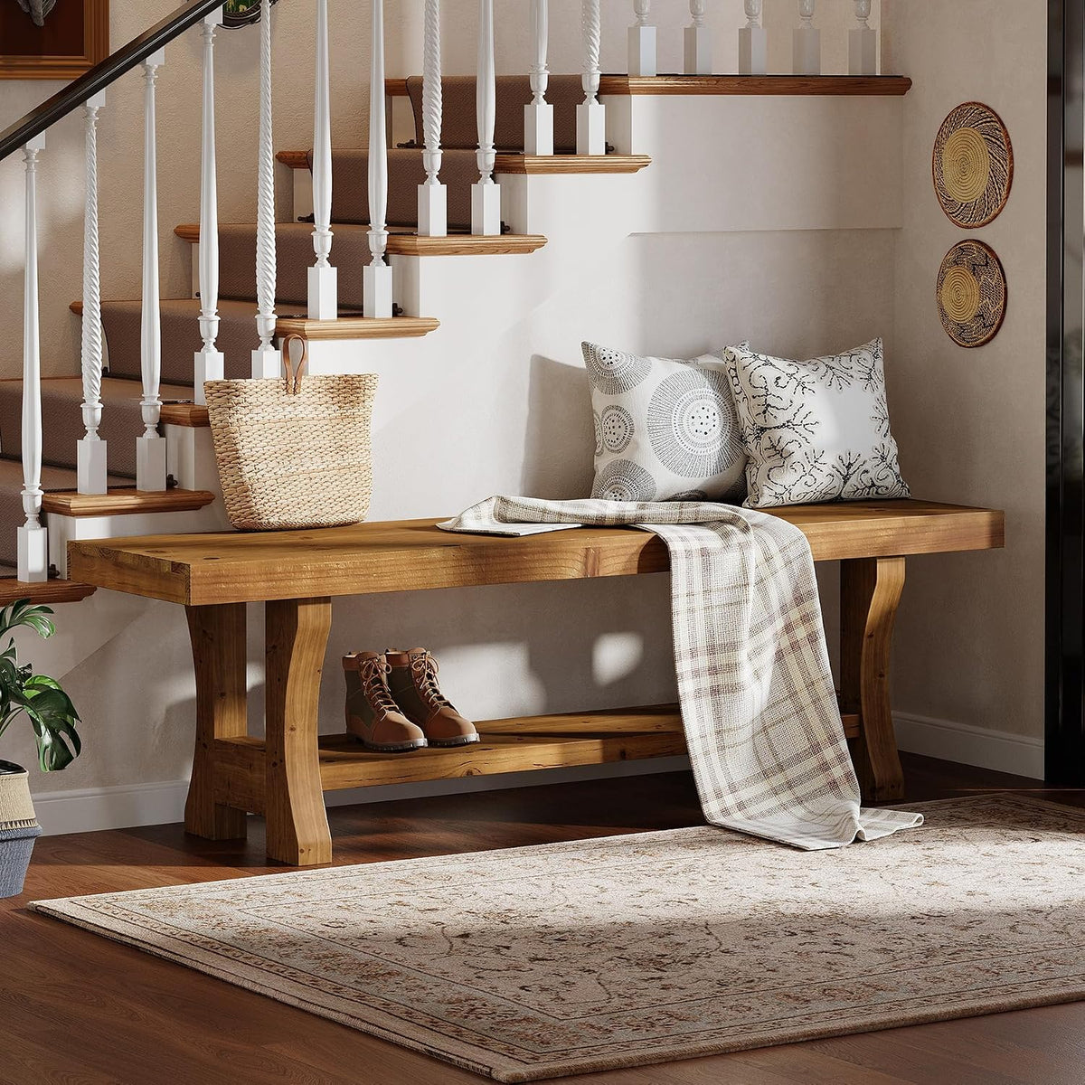 Brown Solid Wood Indoor Bench