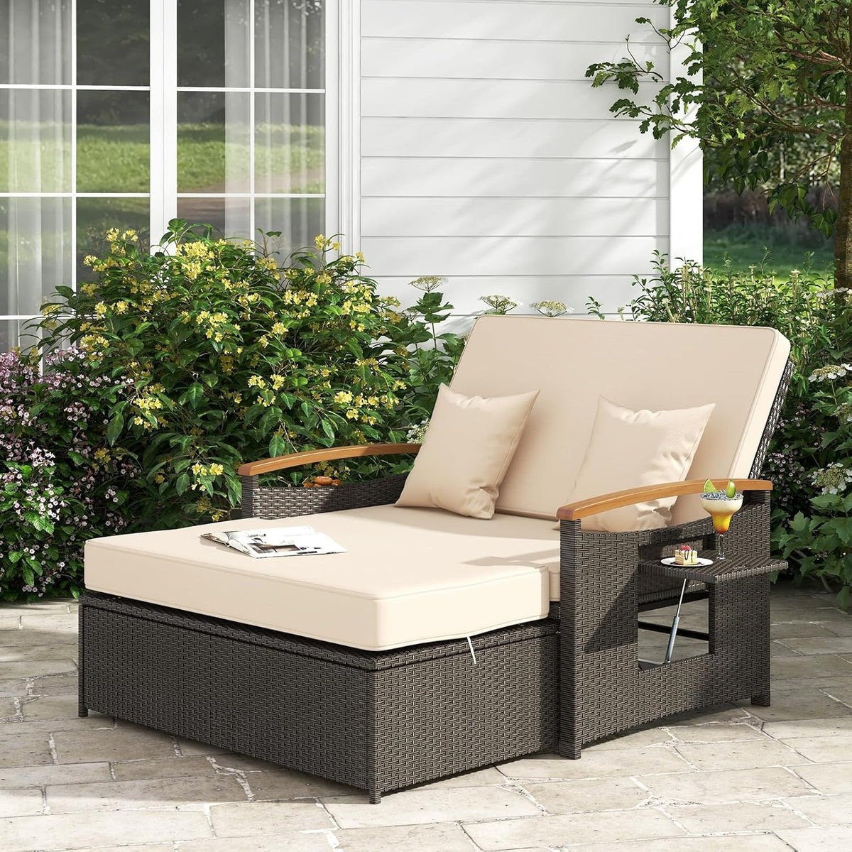 Beige Wicker Patio Daybed with Ottoman