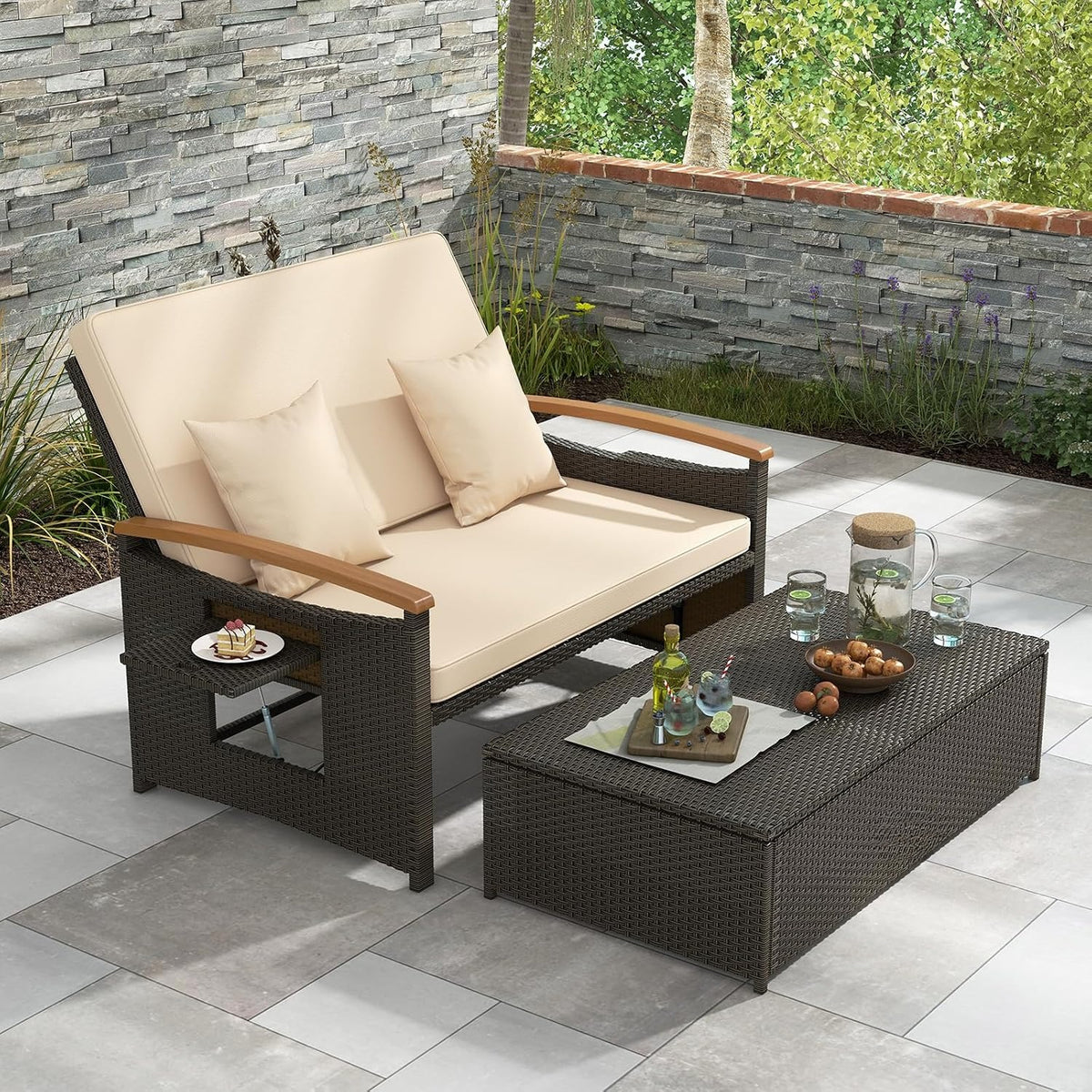 Beige Wicker Patio Daybed with Ottoman