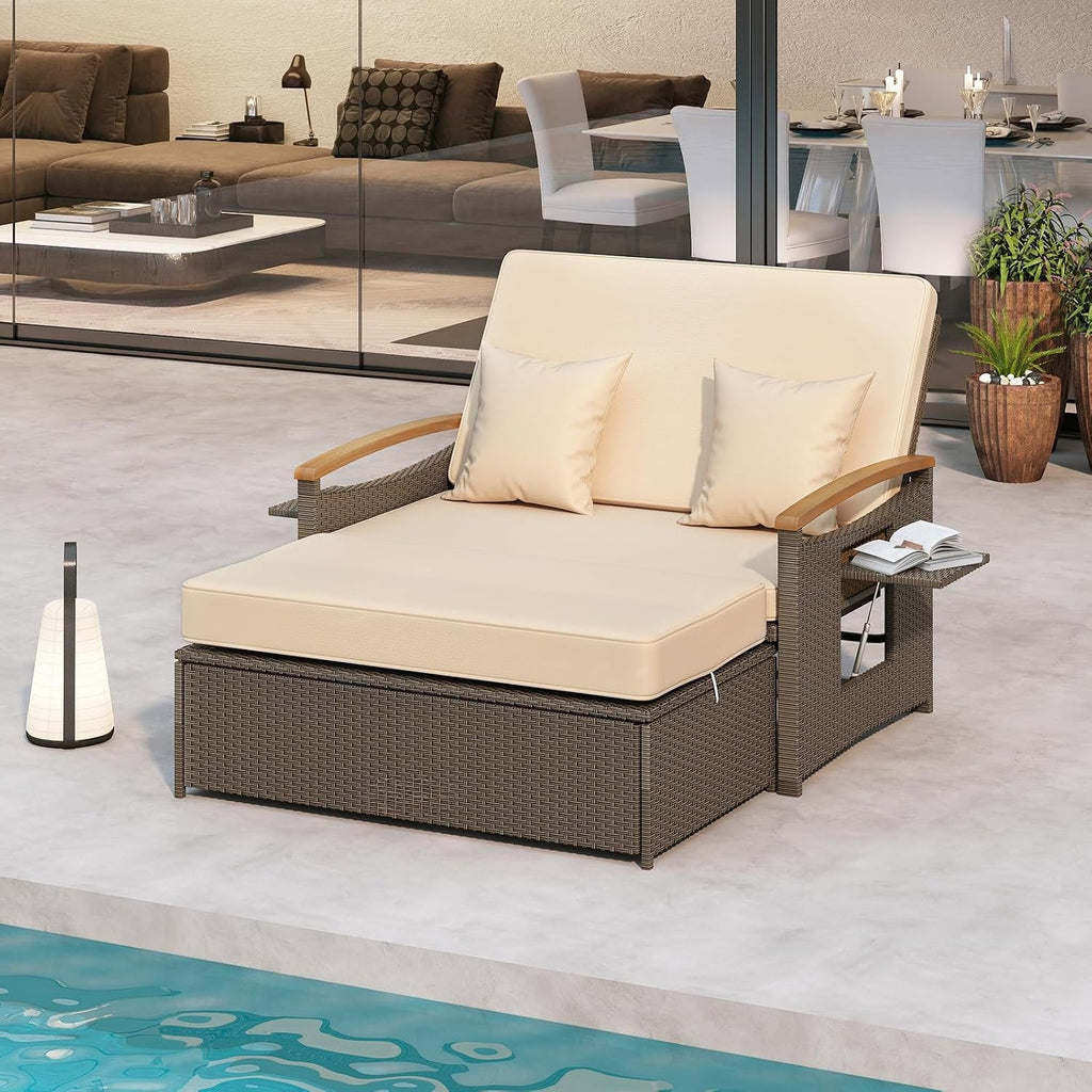 Beige Wicker Patio Daybed with Ottoman